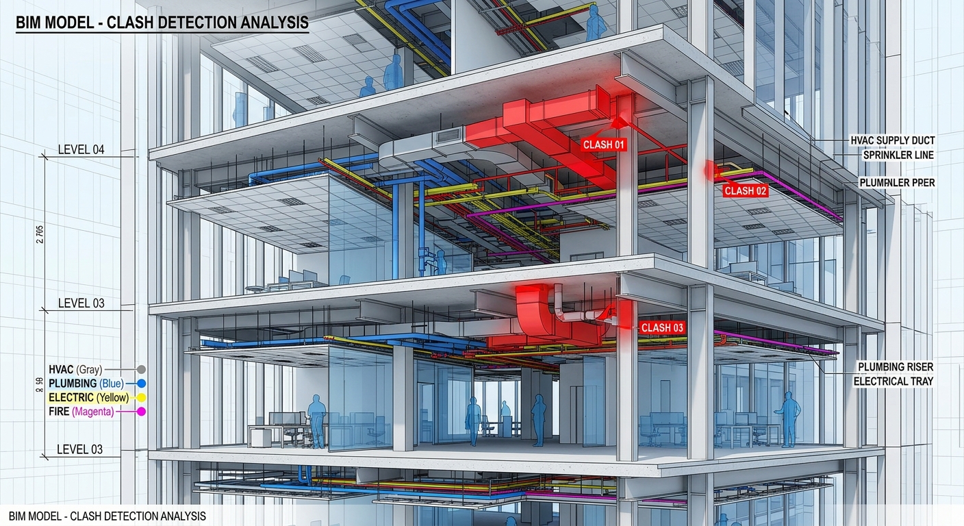 3D BIM clash detection model — federated multi-discipline coordination