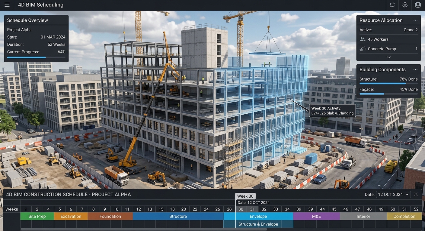 4D BIM construction schedule simulation linked to project programme