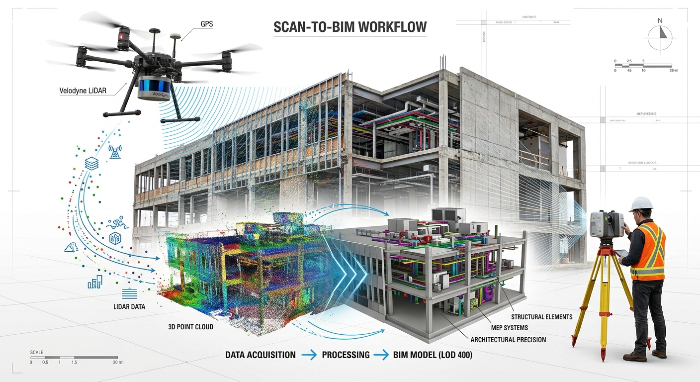 Scan-to-BIM workflow — drone LiDAR, terrestrial laser scanning, point cloud to IFC model